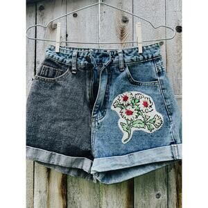 Embroidered Floral Shorts | Upcycled Jean Shorts | Color Block Denim Shorts